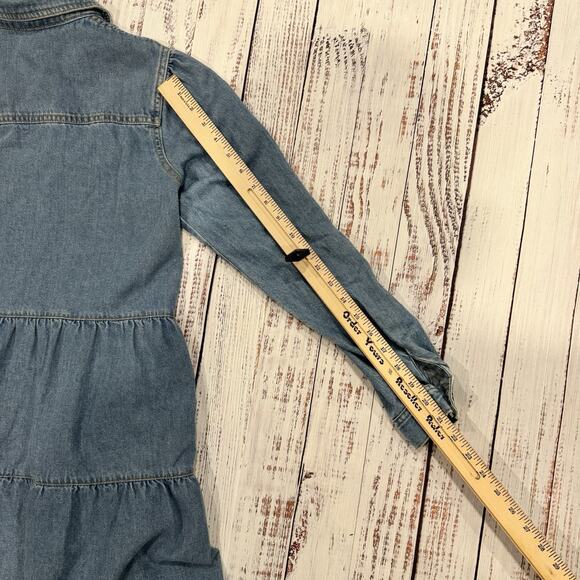 Free People Nicole Shirt Dress Small Blue Denim Tiered Mini Boho Long Sleeve - Picture 7 of 9